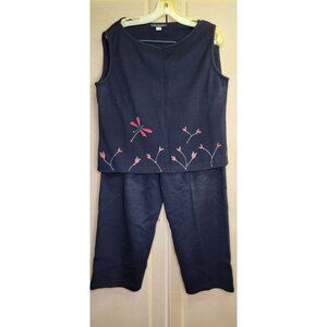 St John Women 2-Piece Knit Set Sz L Black Sleeveless Top & Elastic Waist Pants